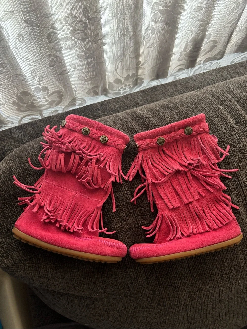 💖 Minnetonka Pink 3 Layer Fringe Moccasin High Calf Toddler Boots 8 Retail $60!!